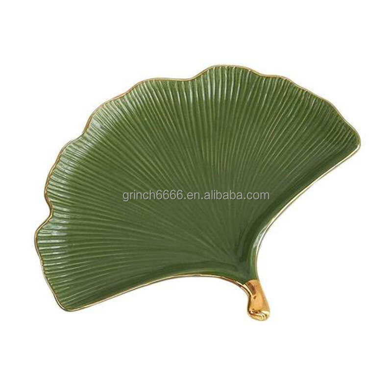 Appetizer Plates Ceramic Leaf Shaped Dish Maidenhair Tree Ginkgo biloba Leaf Green Plate Luxury Ginkgo Leaf Ceramic Plate