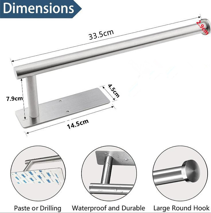 Self Adhesive Towel Bar Stainless Steel Self Adhesive Towel Racks Wall Mount Paper Towel Holder For Kitchen