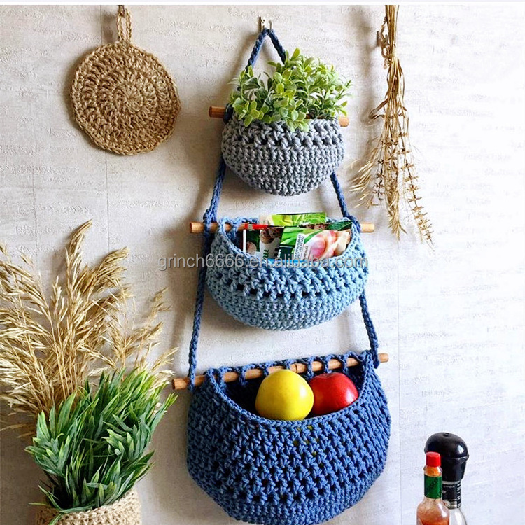 Macrame Fruit Basket Hanging Macrame Fruit Hammock Kitchen Wall Hanging Fruit Basket 3 Tier Hanging Produce Basket