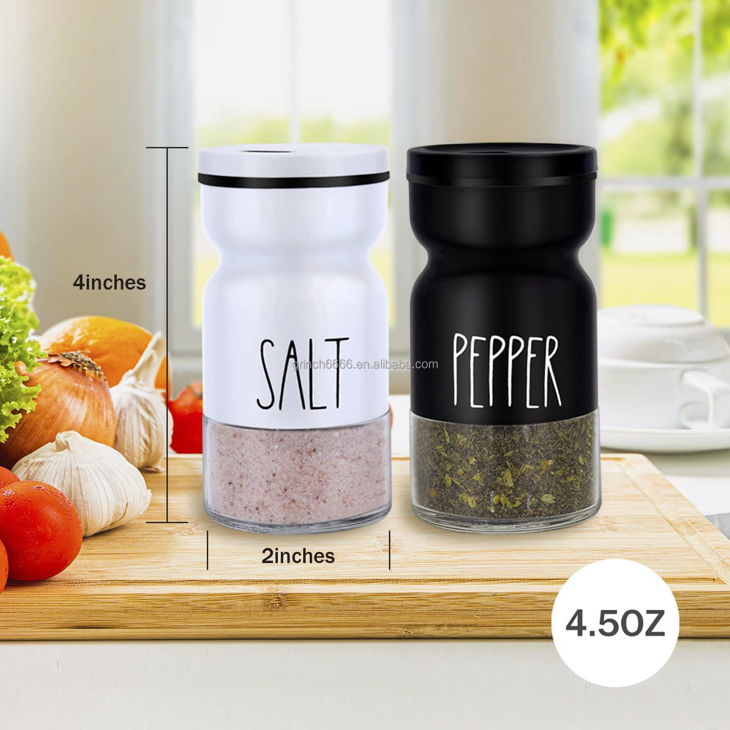 Farmhouse Salt and Pepper Shakers Set Adjustable Lids Home Country Kitchen Decor Cute Spice Shaker Set Stainless Steel Lids