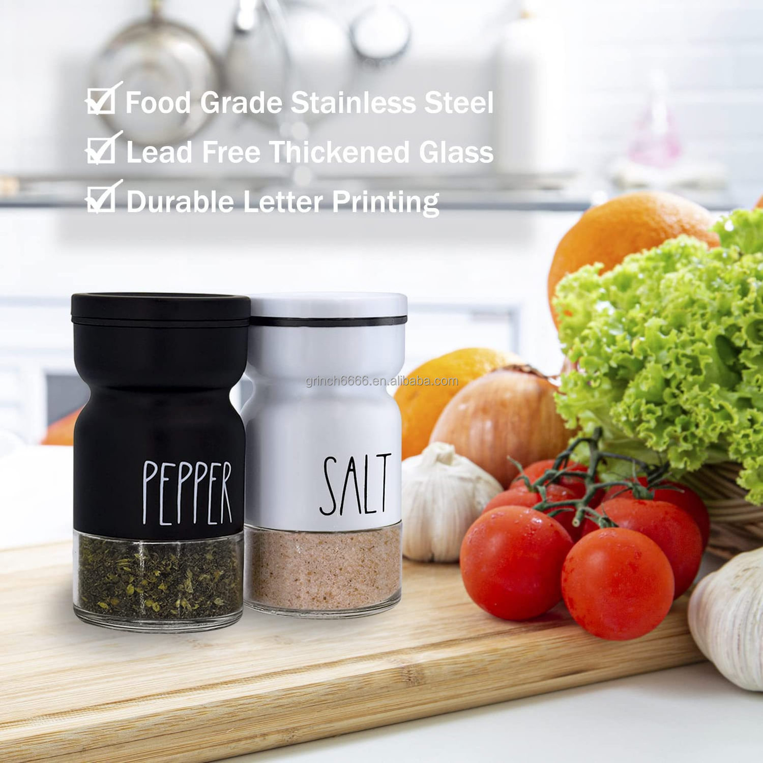 Farmhouse Salt and Pepper Shakers Set Adjustable Lids Home Country Kitchen Decor Cute Spice Shaker Set Stainless Steel Lids