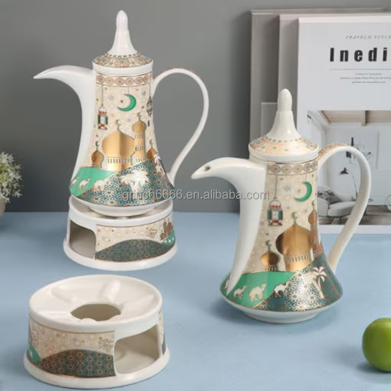 Ramadan Design Ceramic Arabic Coffee Pot Gold & Green Ramdan pattern arabic coffee tea pot sets coffee warmer pot