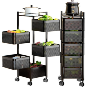 5 Layer Metal Frame Shelf Rotary Shelf Rotating Square Kitchen Storage Shelf Vertical Shelving Storage Trolley on Wheels