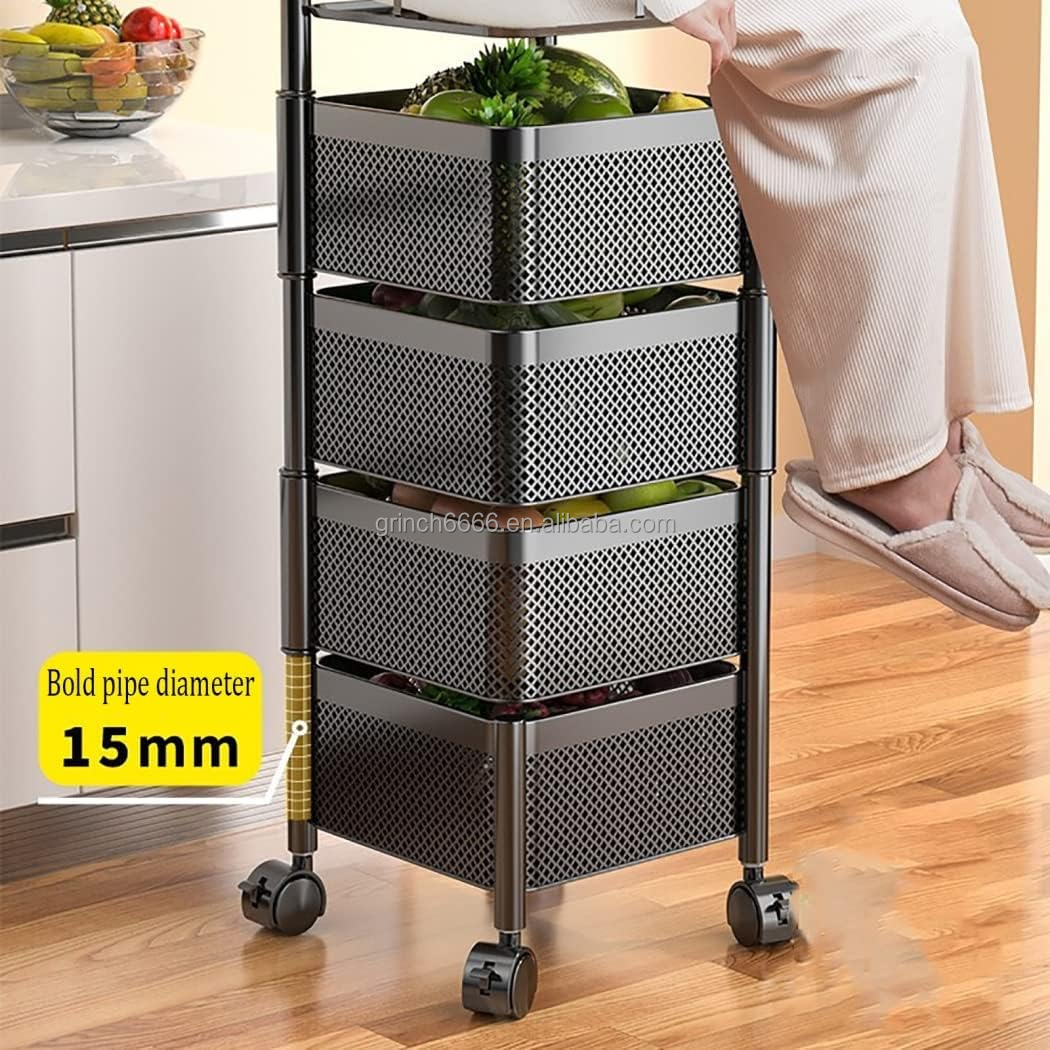 5 Layer Metal Frame Shelf Rotary Shelf Rotating Square Kitchen Storage Shelf Vertical Shelving Storage Trolley on Wheels