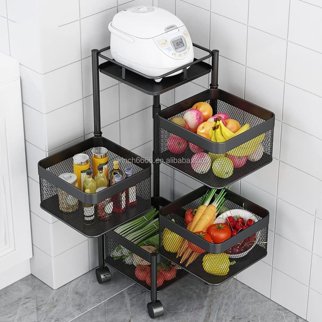 5 Layer Metal Frame Shelf Rotary Shelf Rotating Square Kitchen Storage Shelf Vertical Shelving Storage Trolley on Wheels