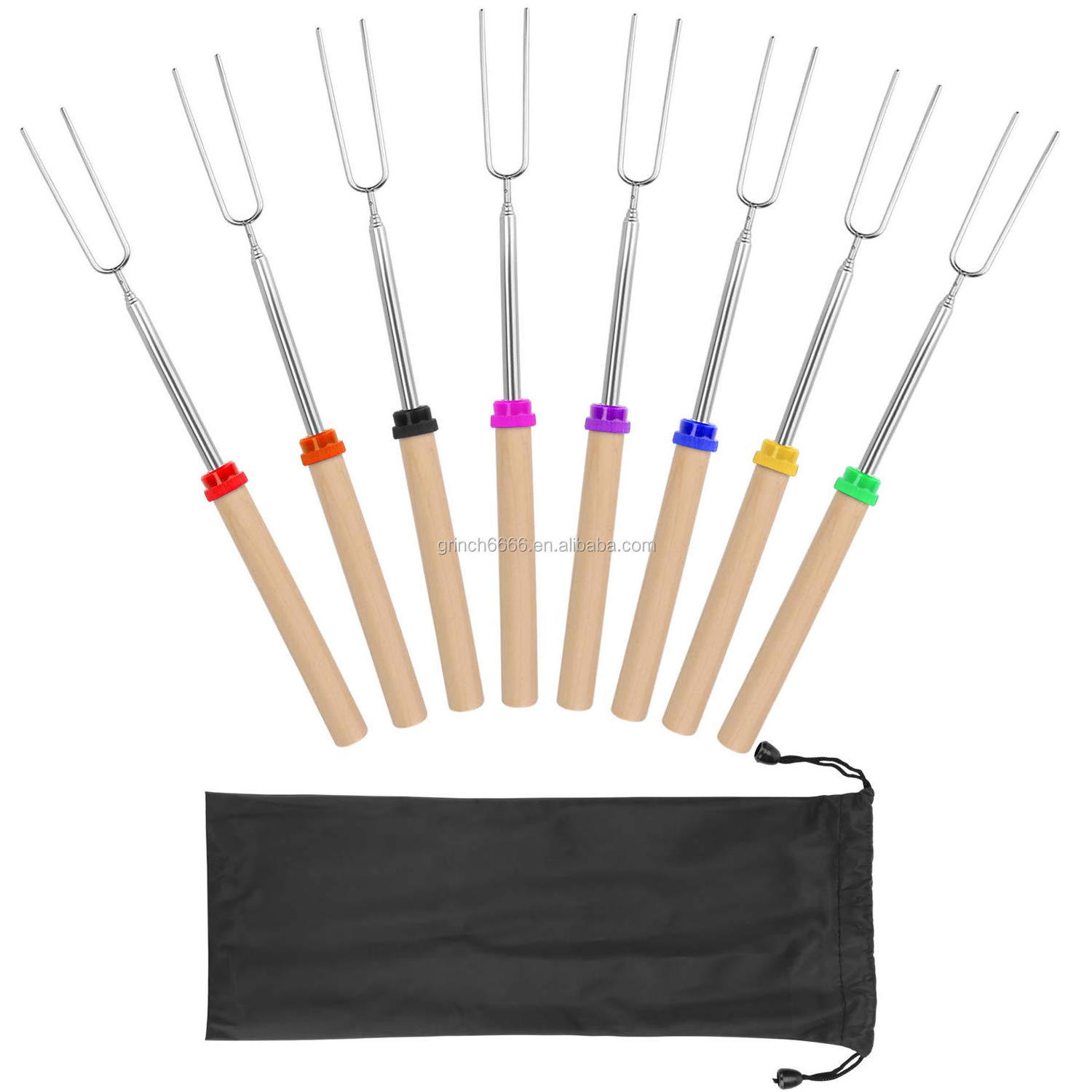 Marshmallow Roasting Sticks with Wooden Handle Extendable Forks Telescoping Smores Skewers for Campfire,  Firepit, Sausage BBQ