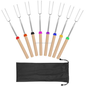 Marshmallow Roasting Sticks with Wooden Handle Extendable Forks Telescoping Smores Skewers for Campfire,  Firepit, Sausage BBQ