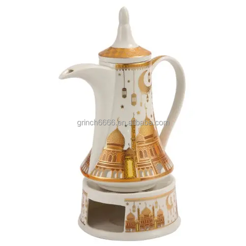 White Gold Ramadan Design Ceramic Arabic Coffee Pot with candle warmer eid mubarak Coffee Pot