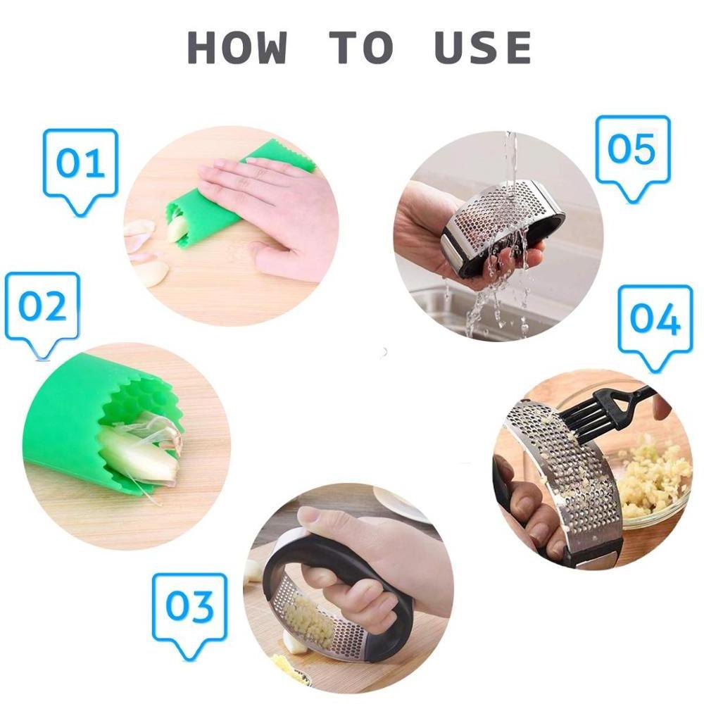 Garlic Press Rocker Chopper Crusher Stainless Steel Garlic Mincer Grinder Masher with Garlic Peeler Silicone Tube Roller