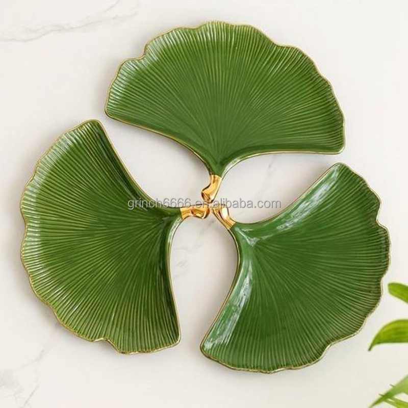 Appetizer Plates Ceramic Leaf Shaped Dish Maidenhair Tree Ginkgo biloba Leaf Green Plate Luxury Ginkgo Leaf Ceramic Plate