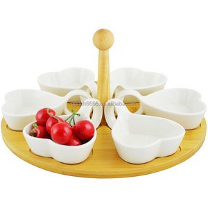 Food Server Display Trays Set 6 Bowl Desserts Serving Dish Ceramic Snack White Dish With Bamboo Tray Set Serving Platter