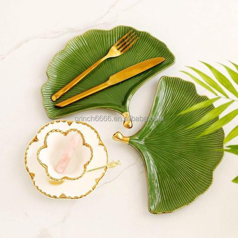 Appetizer Plates Ceramic Leaf Shaped Dish Maidenhair Tree Ginkgo biloba Leaf Green Plate Luxury Ginkgo Leaf Ceramic Plate