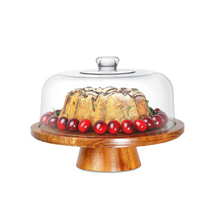 Glass Dome Wood Base Cake Stand Cover 6-in-1 Multifunctional Cake Stand and Platters Punch Salad Bowl Veggie Snack Tray Holder