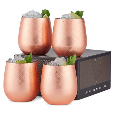 Etched Copper Stemless Wine Glasses Stainless Steel Tumblers, 12oz Cups Set of 4 Wine Drinks Tumbler