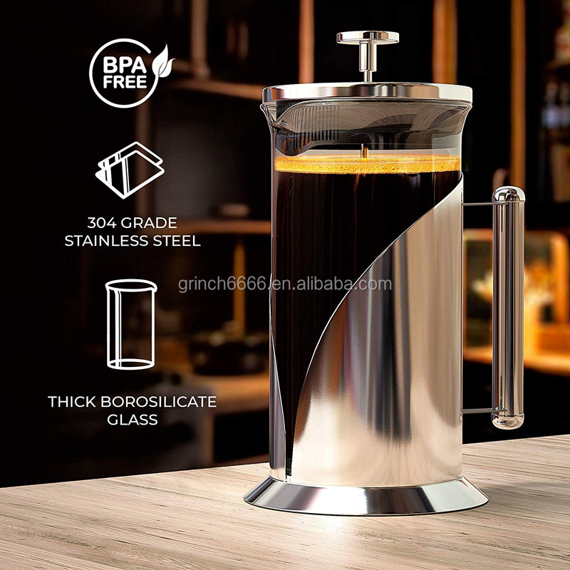 304 Grade Stainless Steel French Press Coffee Maker 34 Ounce with 4 Level Filtration System Glass French Coffee Press