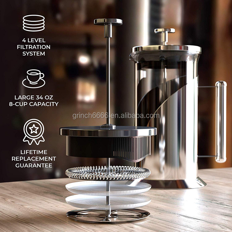 304 Grade Stainless Steel French Press Coffee Maker 34 Ounce with 4 Level Filtration System Glass French Coffee Press