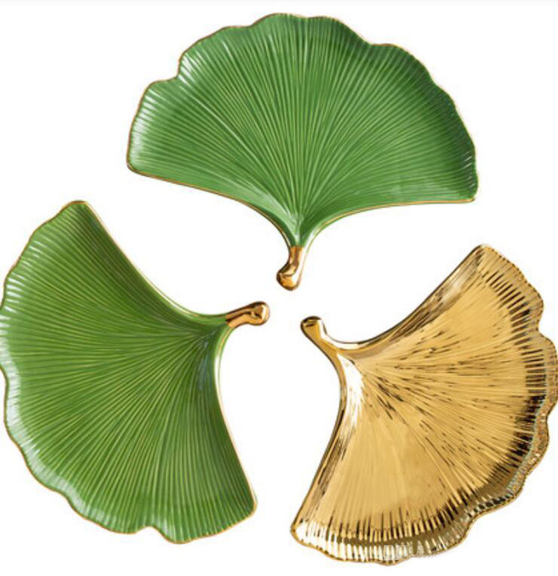 Appetizer Plates Ceramic Leaf Shaped Dish Maidenhair Tree Ginkgo biloba Leaf Green Plate Luxury Ginkgo Leaf Ceramic Plate