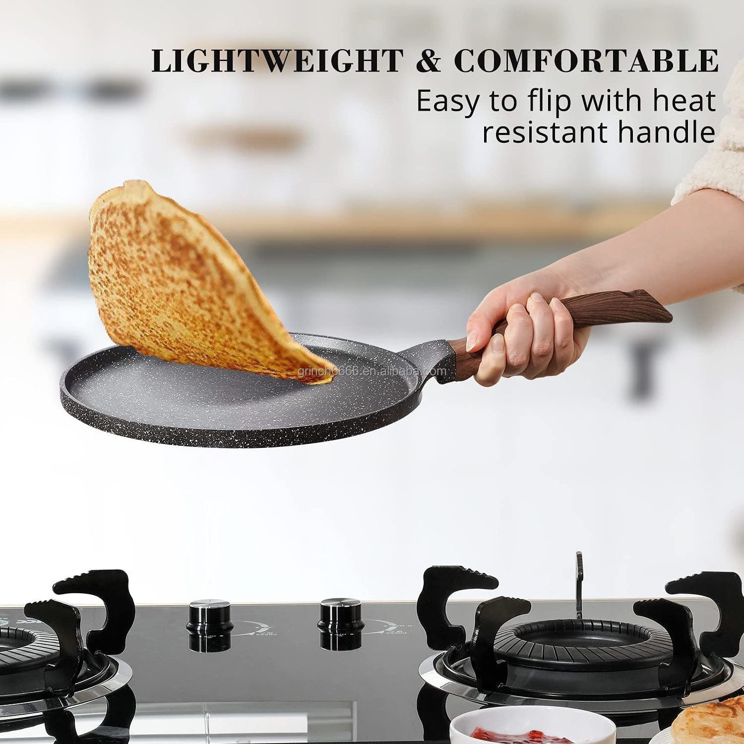 2022 Non stick Crepe Pan Swiss Granite Coating Dosa Pan Pancake Flat Skillet Tawa Griddle 10 Inch with Stay-Cool Handle