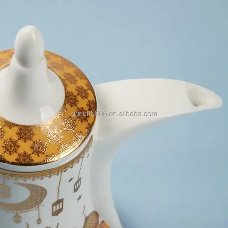 White Gold Ramadan Design Ceramic Arabic Coffee Pot with candle warmer eid mubarak Coffee Pot