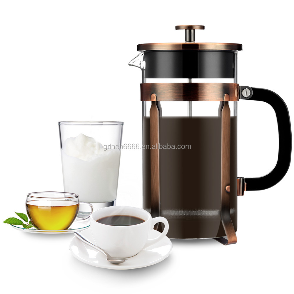 2024 Copper French Press Coffee 8-Demitasse Cup, 34 oz Stainless Steel & Heat Resistant Borosilicate Glass Coffee and Tea Maker