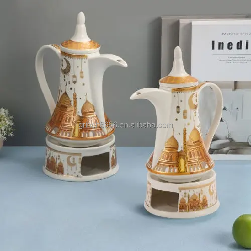 White Gold Ramadan Design Ceramic Arabic Coffee Pot with candle warmer eid mubarak Coffee Pot