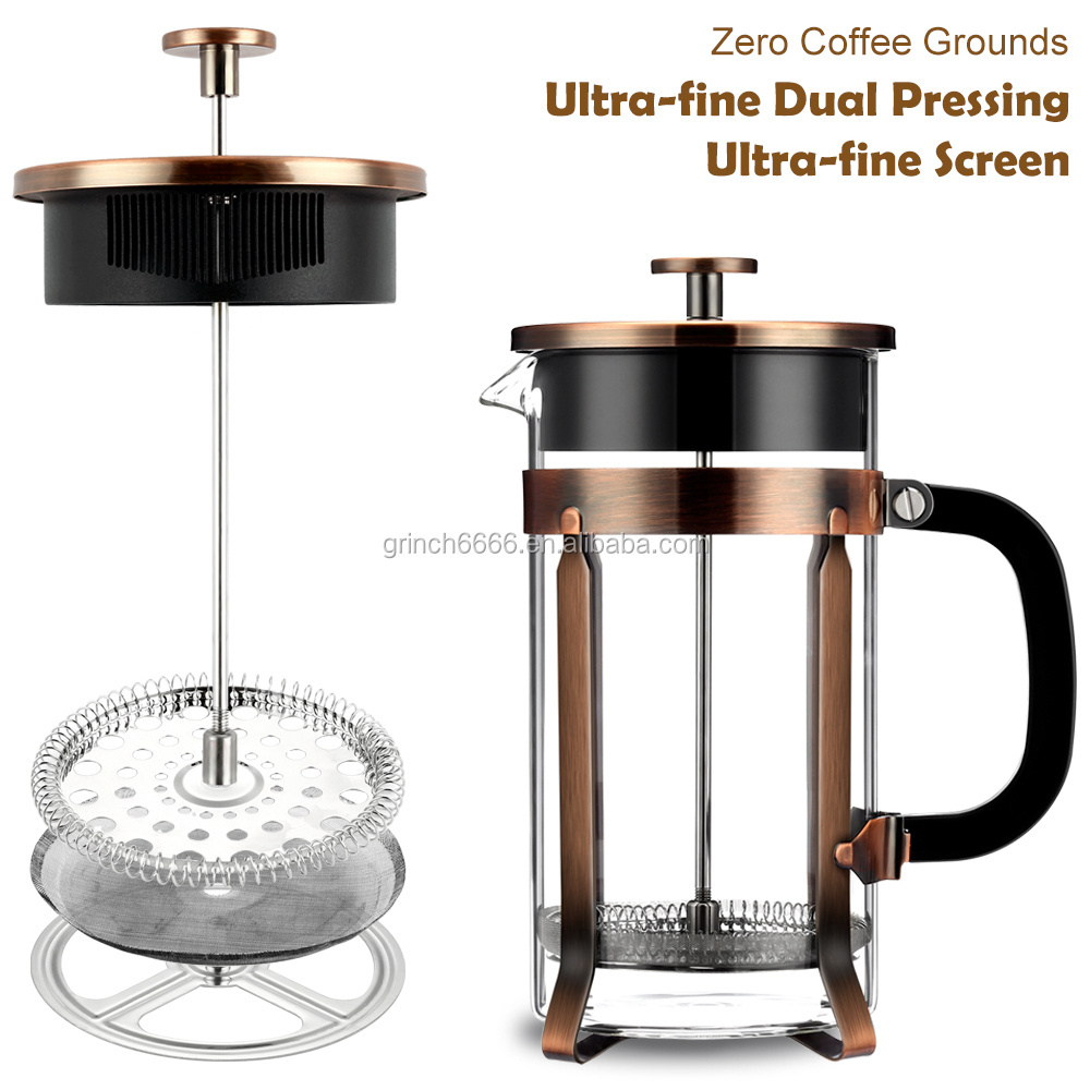 2024 Copper French Press Coffee 8-Demitasse Cup, 34 oz Stainless Steel & Heat Resistant Borosilicate Glass Coffee and Tea Maker