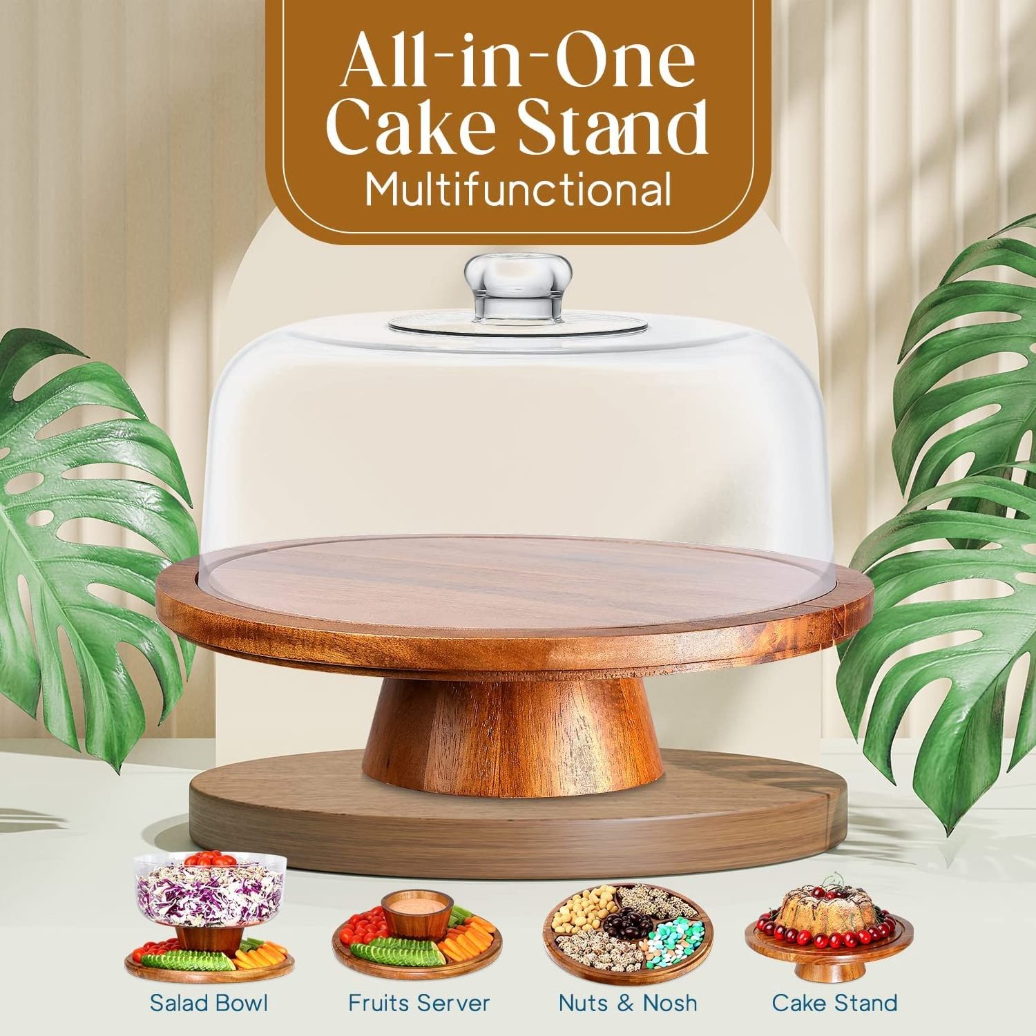 Glass Dome Wood Base Cake Stand Cover 6-in-1 Multifunctional Cake Stand and Platters Punch Salad Bowl Veggie Snack Tray Holder