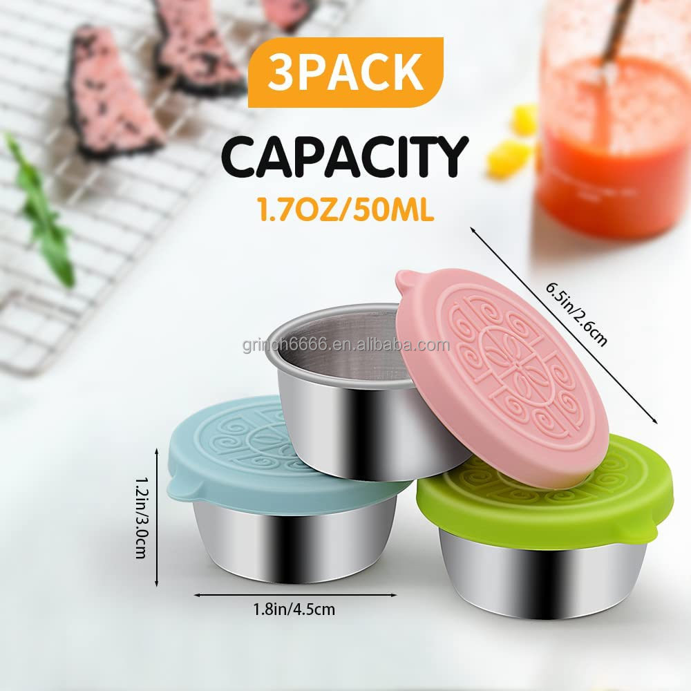 Reusable Small Salad Dressing Dip Container with Silicone Lids Stainless Steel Sauce Container Leak-Proof for Picnic, Traveling