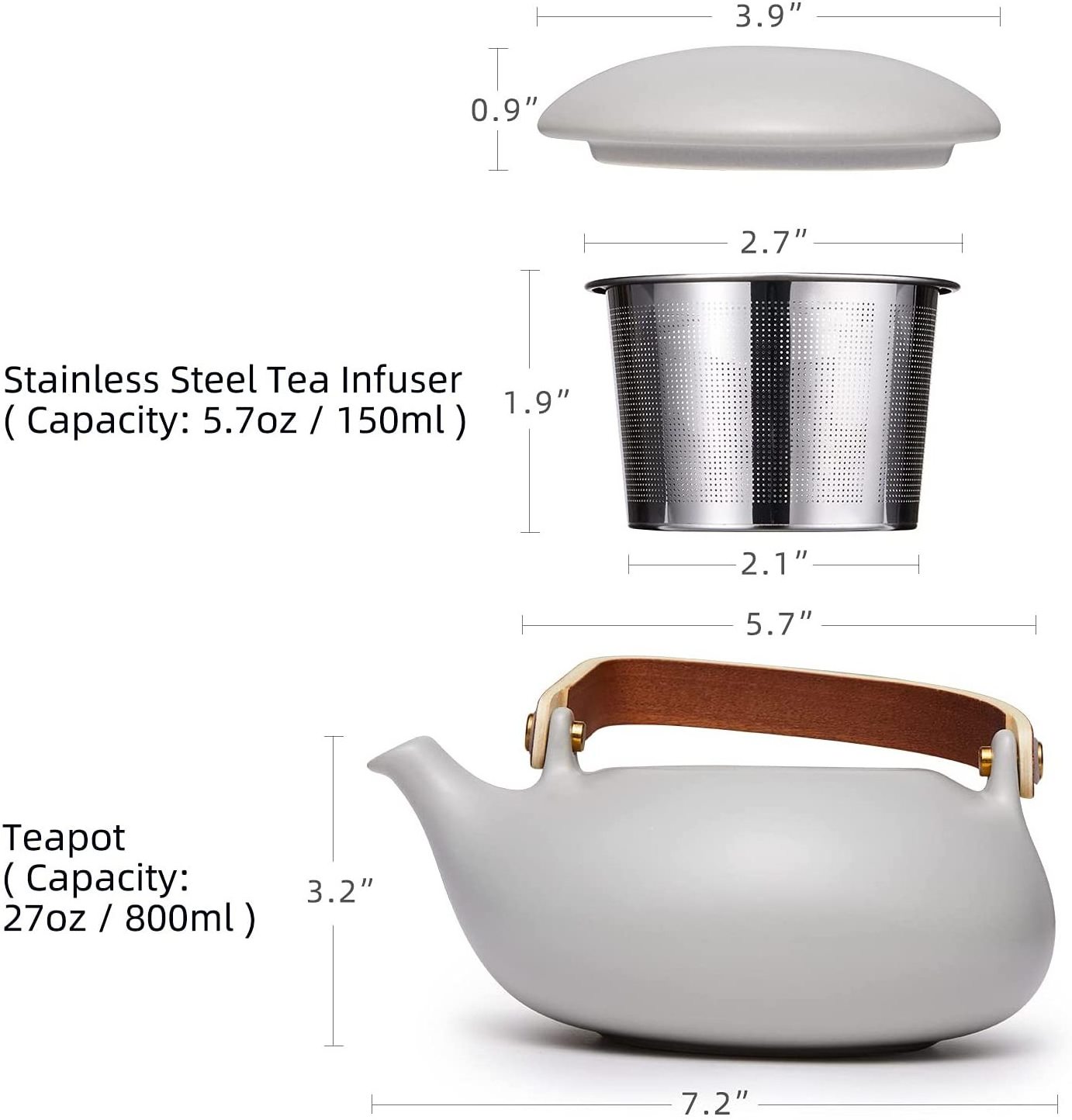 2024 Loose Leaf Teapot Matte Porcelain Teapot with Infuser 800ml Grey Ceramic Japanese Tea Pot with Modern Bentwood Handle