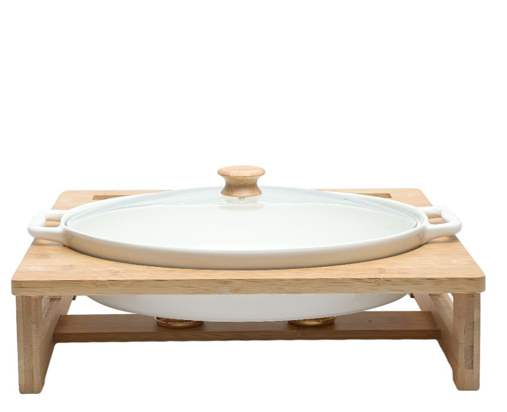 Oval Casserole Food Warmer With Wooden Stand 43 cm Food Buffet Server ceramic casserole pots