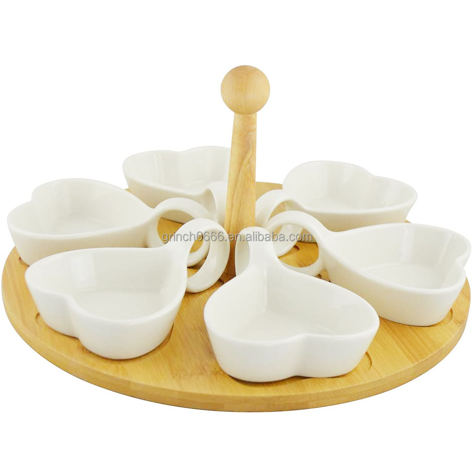 Food Server Display Trays Set 6 Bowl Desserts Serving Dish Ceramic Snack White Dish With Bamboo Tray Set Serving Platter