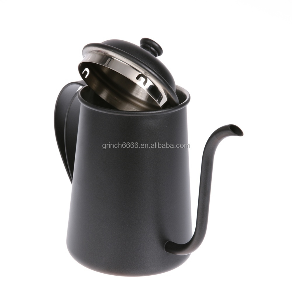 2024 Black 304 Stainless Steel 650ml Gooseneck Spout long spout coffee pot Drip Coffee Kettle with Thermometer