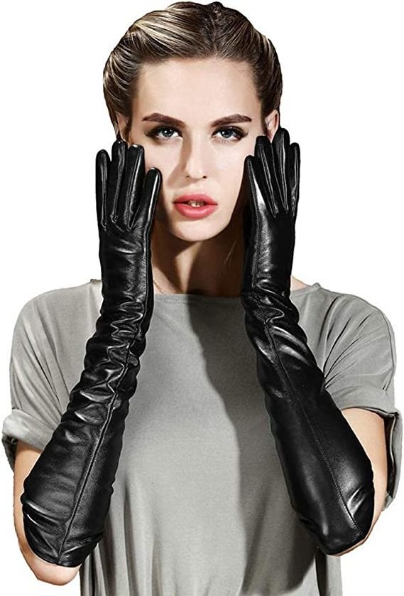 Womens Long Leather Gloves Winter Touchscreen Opera Evening Dress Driving Gloves Long Black Leather Opera Gloves Vintage Pattern