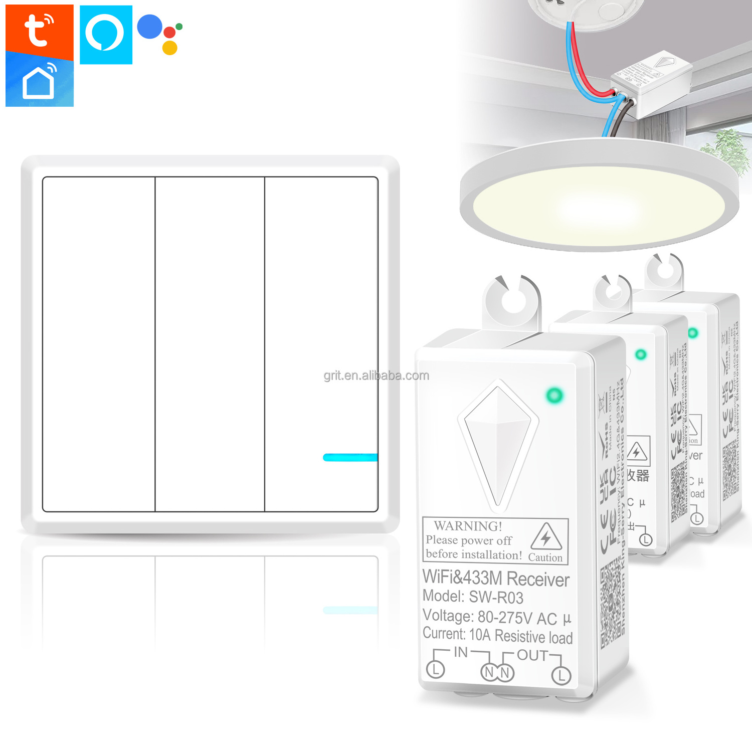 10A 3 Gang Wall Smart Switch with Mini Receiver Remote Control House Office Hotel Ceiling Lamp LED No Wiring IP66 Waterproof