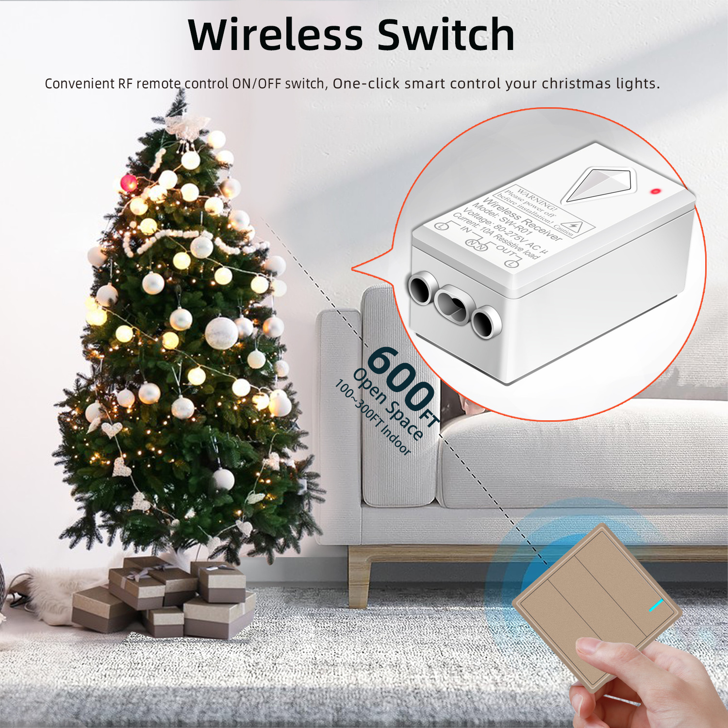 IP66 Waterproof Wireless 3-Way Light Switch Mini Receiver 3-Gang 200m Remote Control Range 10A Max. Current Wall Switches