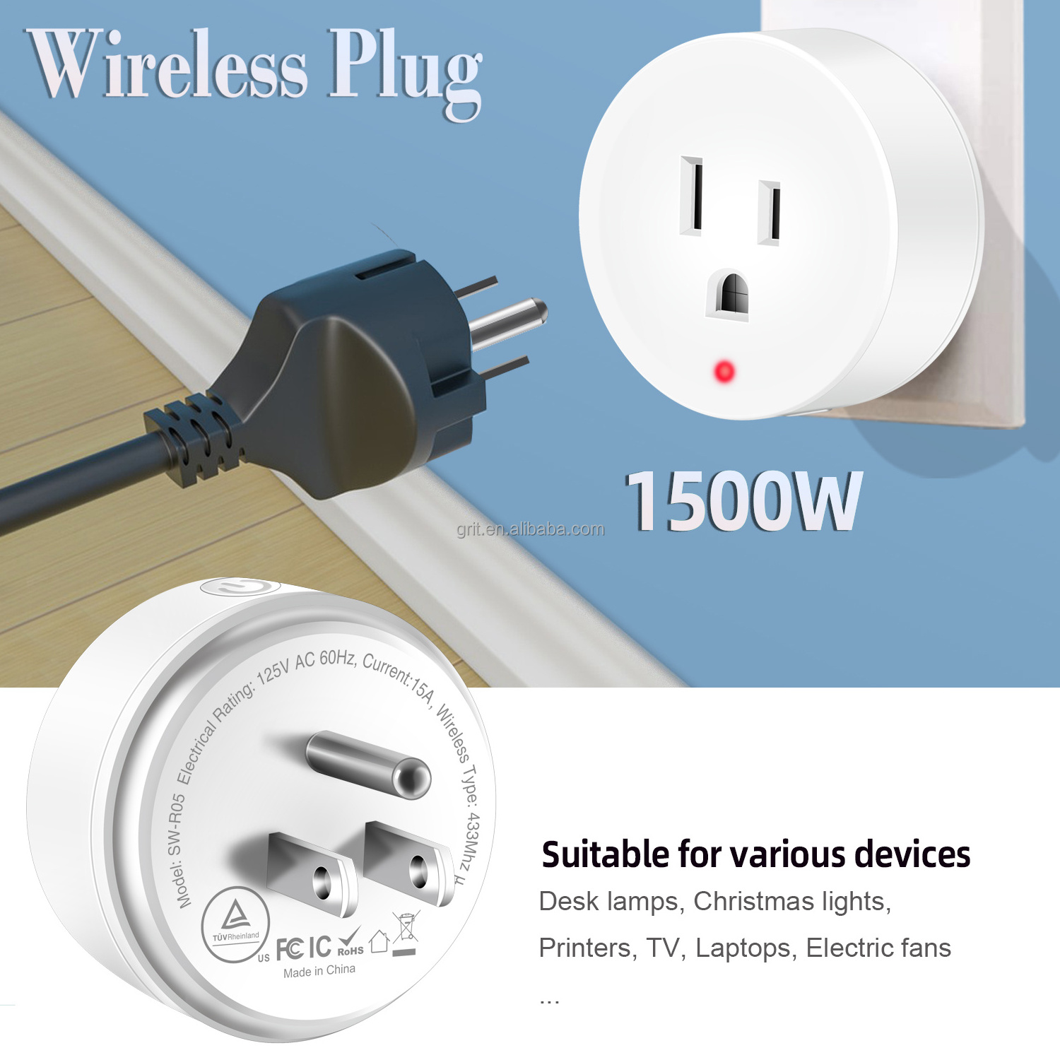 UL Certified 15A Wireless Remote Control Outlet 100 Feet RF Range Anti-Surge 4000V IP66 Wall Light Switch Anti-Surge