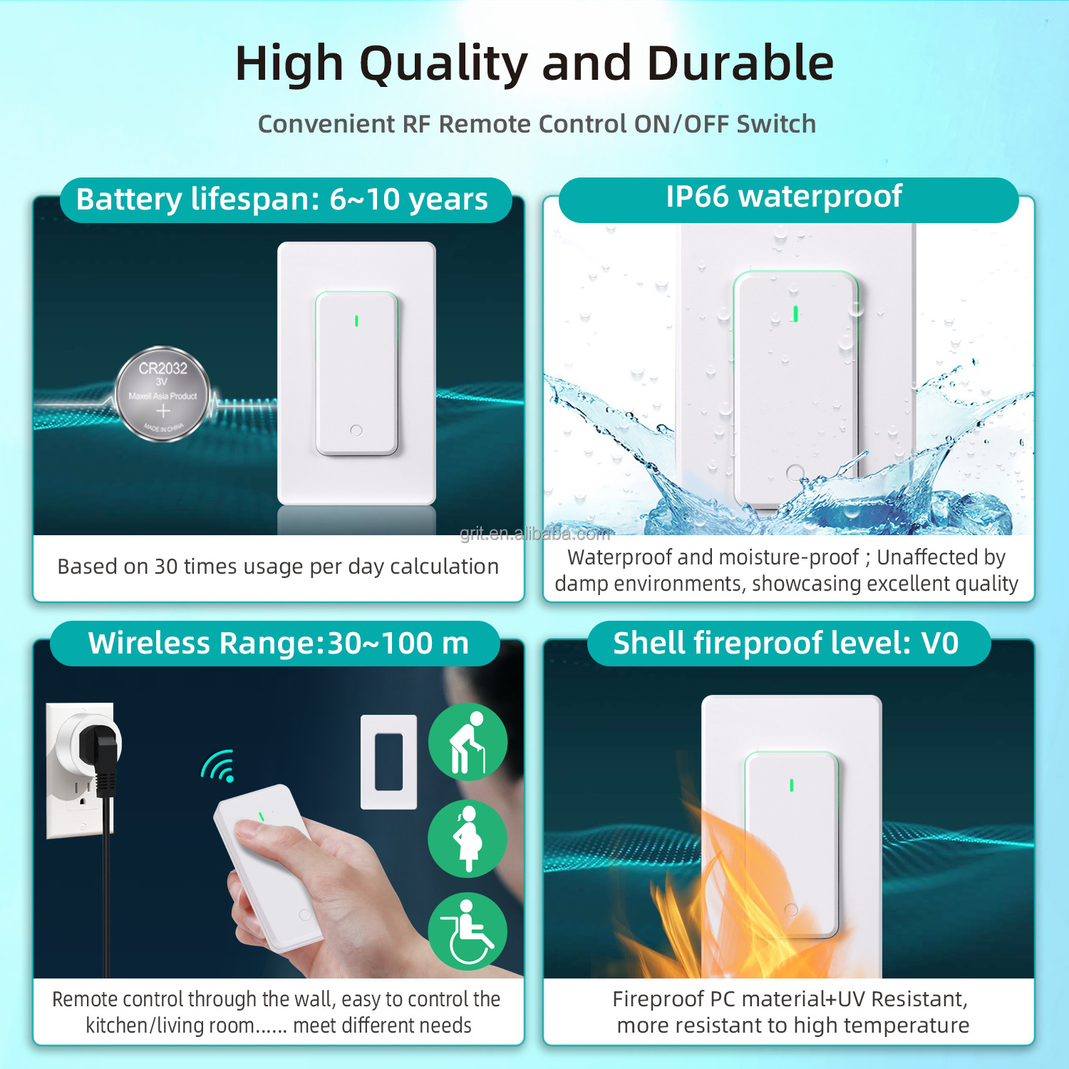 UL Certified 15A Wireless Remote Control Outlet 100 Feet RF Range Anti-Surge 4000V IP66 Wall Light Switch Anti-Surge