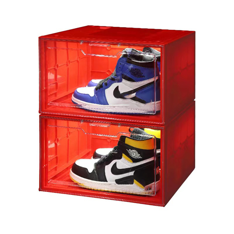 Wholesale Square Plastic PP Home Sports Sneakers Organizers Magnetic LED Light Display Storage Container Shoe Box with LED