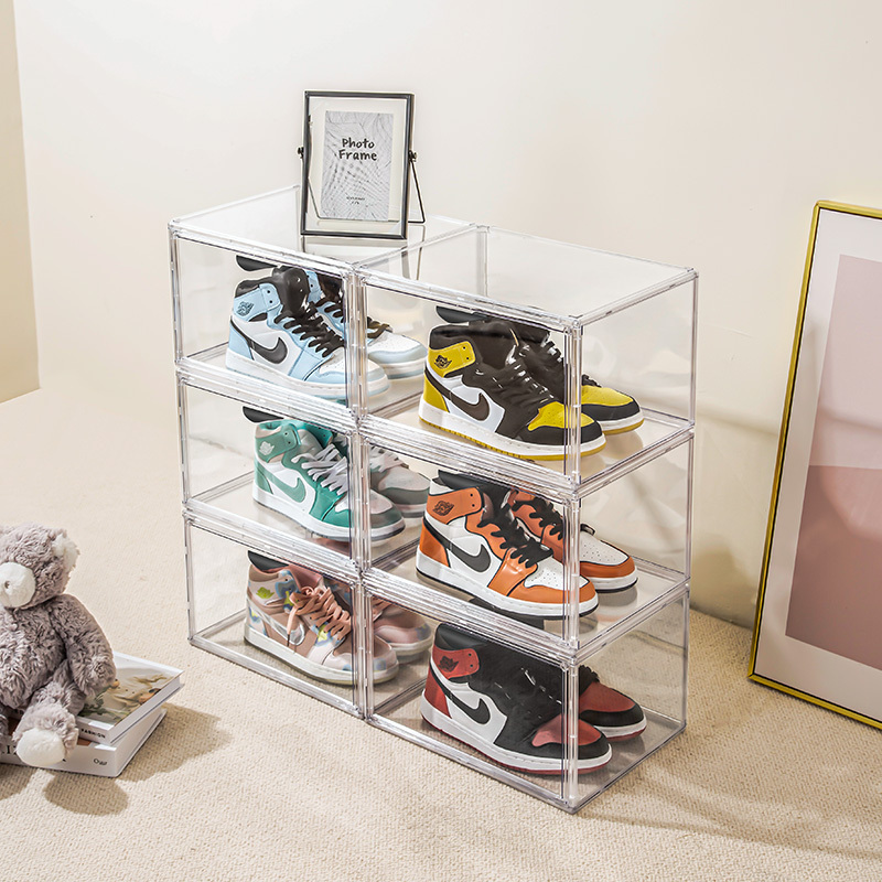 Side Open Drop Door Steady Stackable Simple Assemble Custom Sneakers Foldable Clear Shoe Storage Box With Magnetic Door