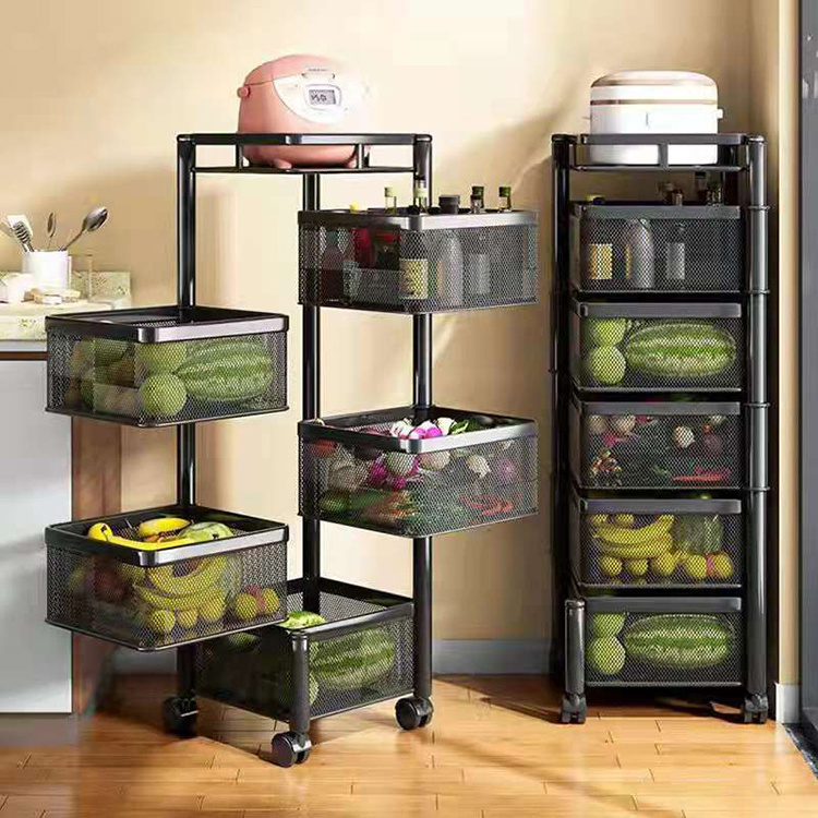 Kitchen storage rotatable shelf 2 3 4 5 Layer Rotating Practical Trolley Kitchen Square Shelf With Wheel Storage Rack