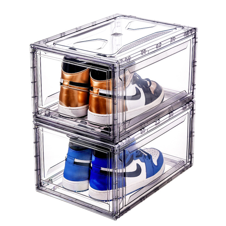 Stackable Clear PET  Shoe Organizer Bins Magnetic Drop Front Open Sneaker Shoe Storage Box for Men's Lady's Shoes