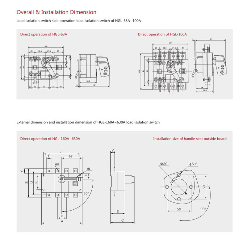 Industrial 160A 400A 630A Isolator Switch 3 Phase Electrical Disconnect Switch On-Off-On Function Made Plastic Max. Current 100A