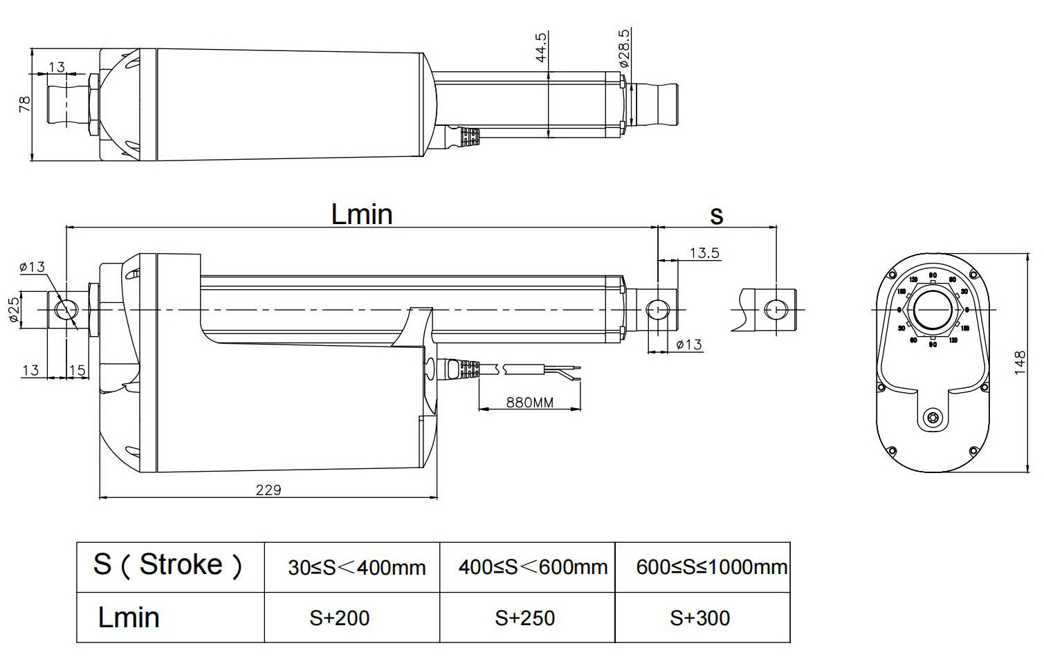 IP67 manual linear actuator with 600mm 6000n  electric linear actuator 12v 24v for climbing machine