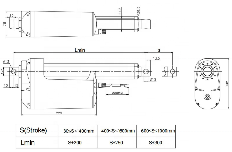 IP67 manual linear actuator with 600mm 6000n  electric linear actuator 12v 24v for climbing machine