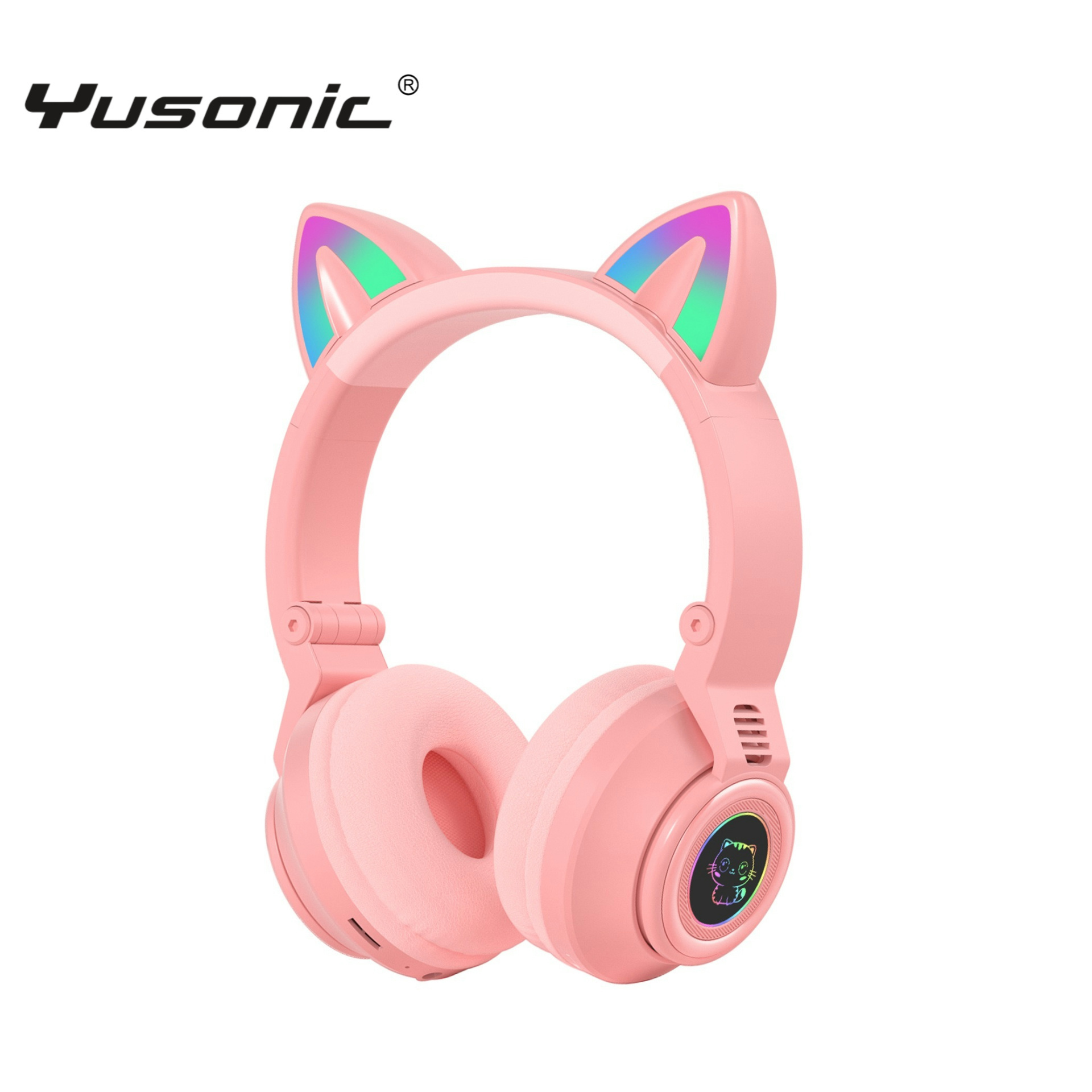 YUSONIC Wireless Headset Cat Ear LED Light up Bluetooths Foldable Headphones Over Ear Microphone Cordless Headset for Girl Kids