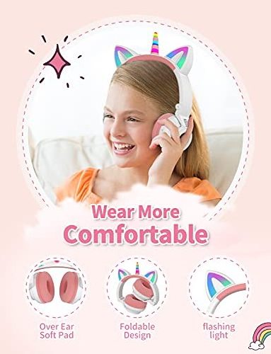 YUSONIC Unicorn Kids Headphones for Girls, wireless  Foldable for Girls Toddlers Tablet/ pad/Amazon fire,Light Up Birthday Gifts