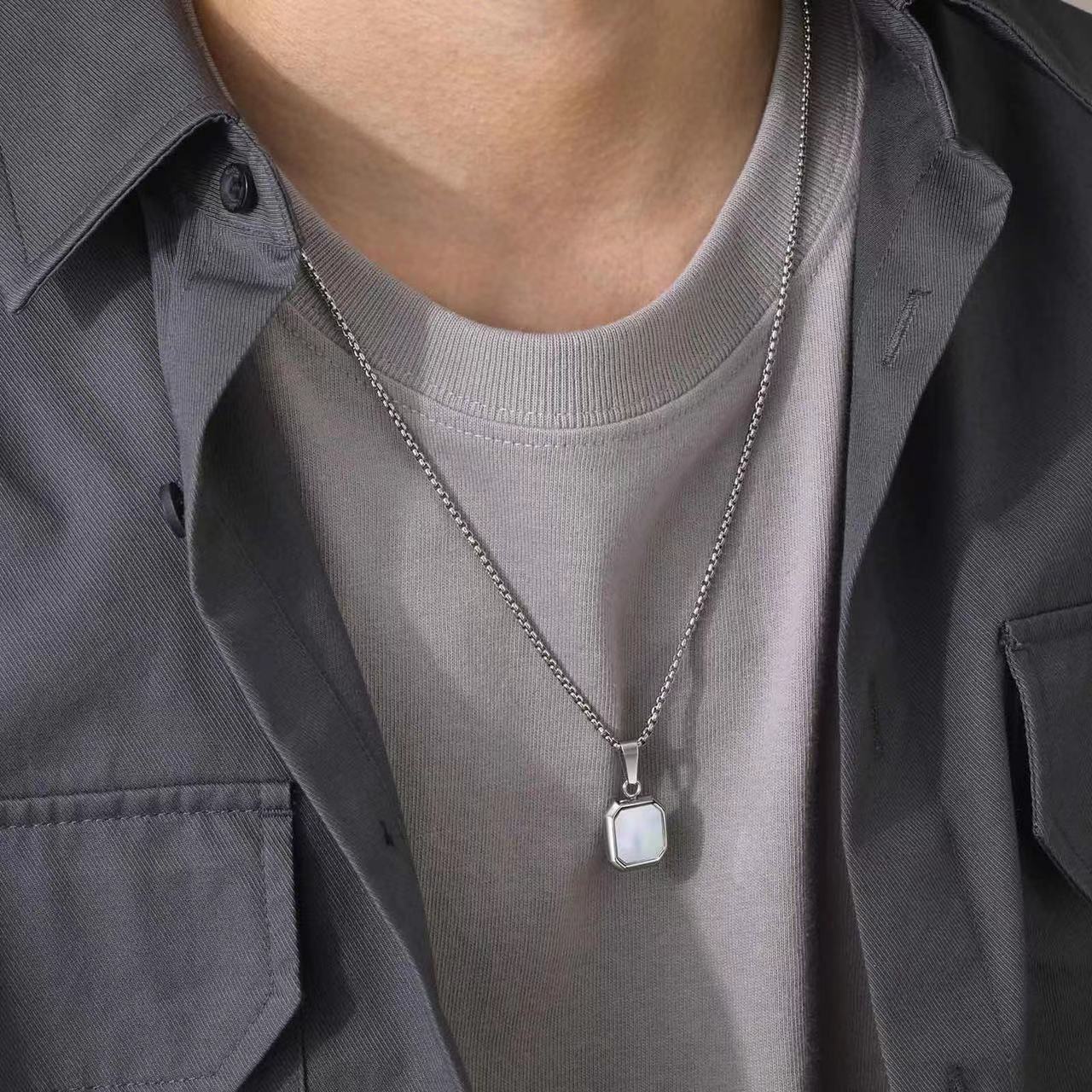 Personality long men's black square pendant stainless steel necklace jewelry