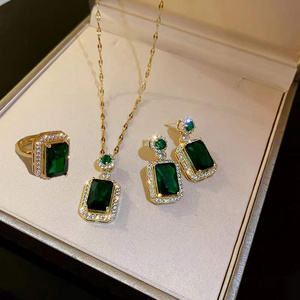 popular zircon stainless steel jewelry set jade crystal ear rings necklace ring set not rust  not allergic zirconia jewelry