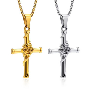 Long hip hop stainless steel men's cross rose pendant necklace stainless steel sublimation rosary necklace