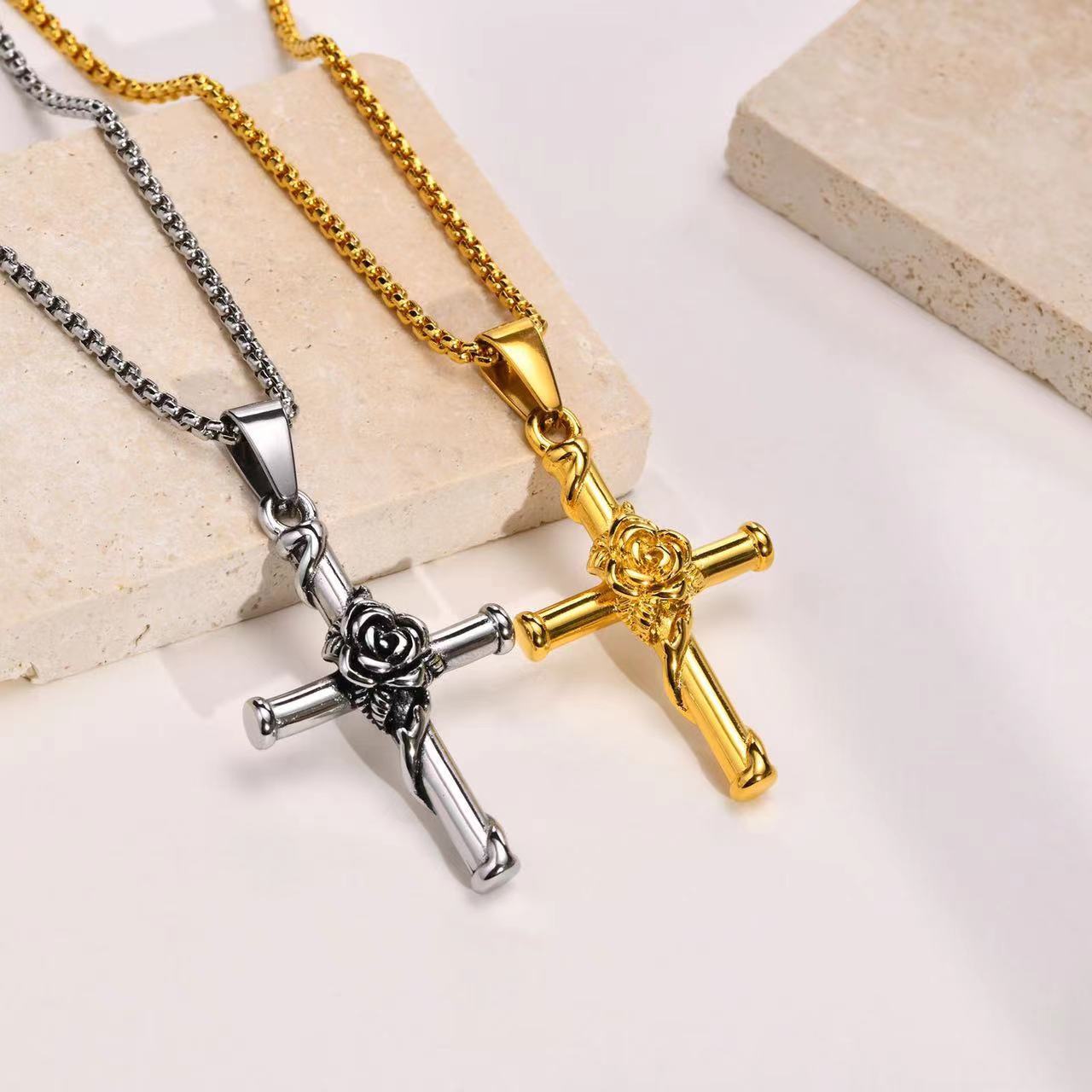 Long hip hop stainless steel men's cross rose pendant necklace stainless steel sublimation rosary necklace